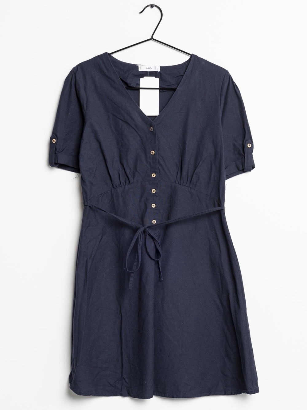 Mango Navy V-Neck Button Tie-Waist Mini Dress